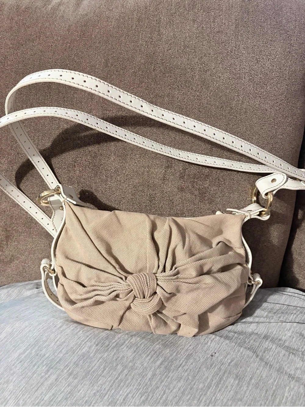 Fendi Beige Knot-Front Crossbody with White Strap